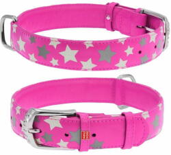 WAU DOG Lapos bőrnyakörv rózsaszín izzó csillagokkal 38-49cm, szélesség: 25mm rózsaszín