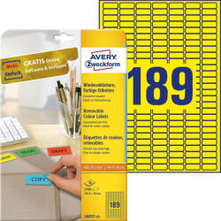 Avery Etikett címke, 25, 4 x10mm, univerzális visszaszedhető, 189 címke/ív, 20 ív/doboz, Avery sárga