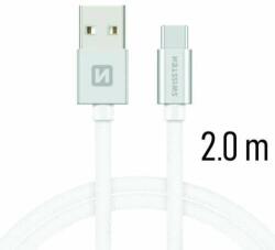 SWISSTEN - Cablu de date și încărcare cu acoperire textilă, USB/USB-C, 2 m argintiu/alb (71521303)