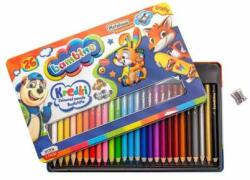 BAMBINO Creioane colorate cu ramă din lemn în 26 de culori + ascuțitoare, în cutie metalică (KX4224)