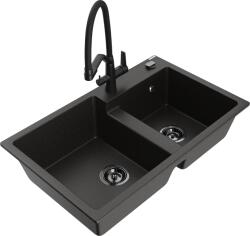 Mexen Tomas, 2 kamrás gránit mosogató 800x500x190 mm és konyhai csaptelep Duo, fekete-arany metál, 6516-75-671701-70-B (6516-75-671701-70-B)