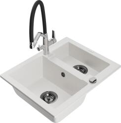 Mexen Carlos, 1, 5 kamrás gránit mosogató 582x475x177 mm és Duo mosogató csaptelep, fehér, 6518-20-671701-07-B (6518-20-671701-07-B)