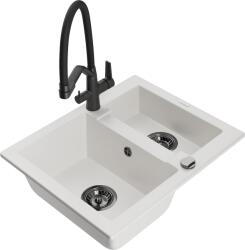 Mexen Carlos, 1, 5-kamrás gránit mosogató 582x475x177 mm és Duo mosogató csaptelep, fehér, 6518-20-671701-70-B (6518-20-671701-70-B)