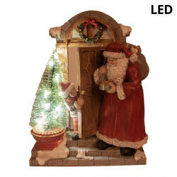 Clayre & Eef Télapó kisfiú házának ajtajában, LED-es karácsonyi dekorfigura, 18x8x22cm