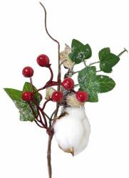 Crenguta bumbac+frunze+bobite rosii artificiala pentru aranjamente florale (8113)