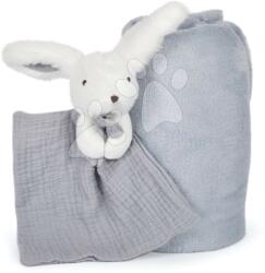 Doudou Takaró legkisebbeknek Bunny Happy Glossy Doudou et Compagnie plüss nyuszival dédelgetéshez kék 100*70 cm 0 hó-tól (DC3981)