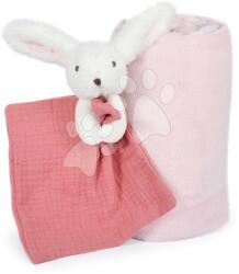 Doudou et Compagnie Takaró legkisebbeknek Bunny Happy Boho Doudou et Compagnie plüss nyuszival dédelgetéshez rózsaszín 100*70 cm 0 hó-tól (DC3979)