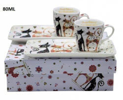 P. P. W22CT163-05934 Porceláncsésze+tálcás alj, 2 személyes, 80ml, fekete-barna virágos cicás