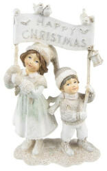 Clayre & Eef Gyerekek Happy Christmas táblával, 14x7x23cm, fehér-ezüst karácsonyi dekorfigura