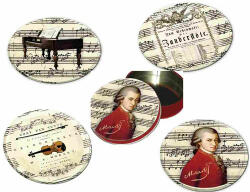 Fridolin Poháralátét fém-parafa 4db-os szett dia 9, 5cm, fémdobozban, Mozart