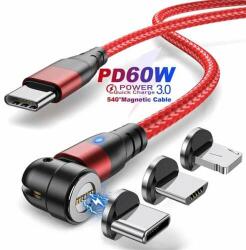BlackBird BH1412 PD, QC3.0, 60 W, USB-C - Lightning, Micro USB, USB-C Cablu de date magnetic roșu-negru (BH1412)
