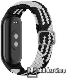 Okosóra szíj - fonott szövet körpánt - FEKETE / FEHÉR - sztreccses, 190mm hosszú - Xiaomi Smart Band 8, 8 NFC, 9, 9 NFC