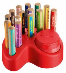 STABILO Set de creioane colorate în suport de birou, rotund, gros, STABILO "Woody 3 în 1", 15 culori diferite, cu ascuțitoare (880/15-01)