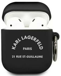  Bluetooth fülhallgató töltőtok tartó, szilikon, karabiner, Karl Lagerfeld Paris minta, Apple AirPods, AirPods 2 kompatibilis, Karl Lagerfeld Paris Rue St Guillaume, fekete