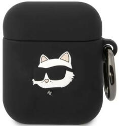  Bluetooth fülhallgató töltőtok tartó, szilikon, karabiner, napszemüveges cica minta, Apple AirPods, AirPods 2 kompatibilis, Karl Lagerfeld 3D Logo NFT Choupette Head, fekete