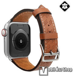 Okosóra szíj - BARNA - valódi bőr, légáteresztő, lyukacsos - APPLE Watch Series 1/2/3 42mm / 4/5/6/SE 44mm / 7/8/9 45mm / Ultra / Ultra 2 49mm