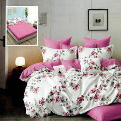 Ralex Pucioasa Lenjerie pat dublu, bumbac finet, 6 piese cu elastic, roz cu flori-A662 (A662) Lenjerie de pat