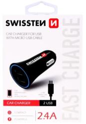 SWISSTEN - autós töltő, 2 USB port, mikro USB kábellel, 2, 4 A fekete