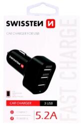 SWISSTEN - autós töltő 3 USB port, 5, 2 A, fekete
