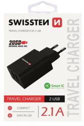 SWISSTEN - hálózati töltő adapter, 2 USB port, Smart IC, 2, 1 A, fekete