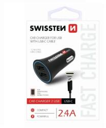 SWISSTEN - autós töltő, 2 USB port, USB-C kábellel, 2, 4 A, fekete
