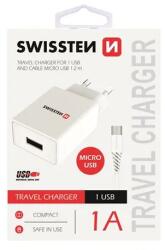 SWISSTEN - hálózati töltő adapter + mikro USB kábel, 1 USB port, 1 A, fehér