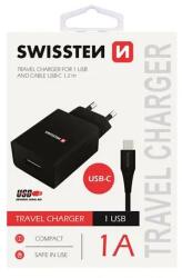 SWISSTEN - hálózati töltő adapter + Type-C kábel, 1 USB port, 1 A, fekete