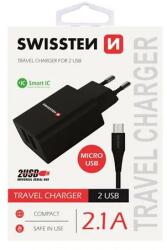 SWISSTEN - hálózati töltő adapter + mikro USB kábel, 2 USB port, Smart IC, 2, 1 A, fekete