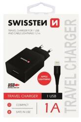 SWISSTEN - hálózati töltő adapter + lightning kábel, 1 USB port, 1 A, fekete