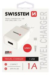 SWISSTEN - hálózati töltő adapter + Type-C kábel, 1 USB port, 1 A, fehér