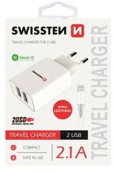 SWISSTEN - hálózati töltő adapter + lightning kábel, 2 USB port, Smart IC, 2, 1 A, fehér