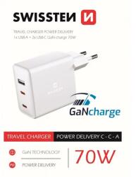 SWISSTEN - GaN mini hálózati töltőadapter, 2XUSB-C + 1XUSB, 70W, PowerDelivery