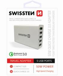 Swissten - Qualcomm 3.0 gyorstöltő adapter, Smart IC, 5 USB, 50W, fehér