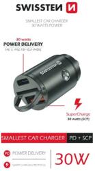 SWISSTEN - autós töltő adapter PowerDeliver USB-C + Super Charge 3.0, 30W, nano, ezüst