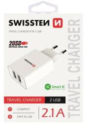 SWISSTEN - hálózati töltő adapter, 2 USB port, Smart IC, 2, 1 A, fehér
