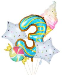 IDei Balon gigant folie cifra 3, inaltime 80 cm, decor cu 5 baloane candy, gogoasa, inghetata