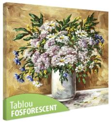 Tablou fosforescent Flori de musetel si albastrele in vaza de lut 80 cm x 80 cm