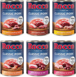 Rocco Rocco Classic Pork 6 x 400 g - Mix: Vită/Miel, Pui/Curcan, Pui/Vițel, Vită/Inimi de pasăre, Pui/Somon, Vită/Pui