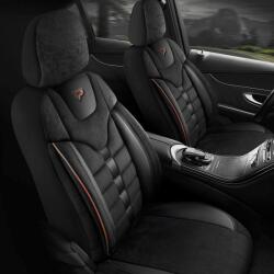 Panda Set Huse Scaune Auto pentru Seat Toledo - Panda Toronto, tip Alcantara, cu fermoare pentru bancheta rabatabila, negru cu cusatura rosie, 11 piese