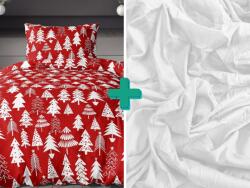  2x lenjerii de pat de flanel rosii CHRISTMAS TREES + cearsaf jersey EXCLUSIV alb 180 x 200 cm Lenjerie de pat