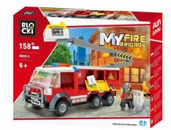 Blocuri de constructie, camion pompieri cu lift, 1 figurina pompier inclusa, 158 piese