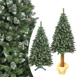 ProCart Brad artificial de Craciun, Pine Deluxe 220 cm cu conuri naturale, varfuri albe, tulpina de lemn, suport inclus