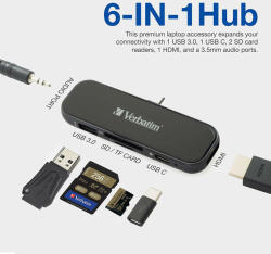 Verbatim Adaptor universal Verbatim UTA-04, 6-in-1Priza cu USB-C PD si QC, USB-C, 3 x USB-A "49546" (include TV 0.8lei) (49546)