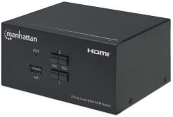Manhattan Switch Manhattan HDMI KVM Switch 2-Port, 4K@30Hz, USB-A/3.5mm Audio/Mic Connections, Cables included, Audio Support, Control 2x computers from one pc/mouse/screen, USB Powered, Black, Three Year Warra