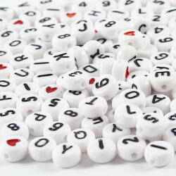 CCHOBBY Betű gyöngyök, fehér, kerek, fekete betűk és számok, 200 db/csomag