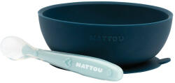 Nattou - Set de masă din silicon 2 buc castron și lingură albastru fără BPA 2 buc (877145) Set pentru masa bebelusi