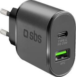 SBS Hálózati töltő adapter 25W USB-C, USB-A csatlakozóval TETRPD25W, fekete