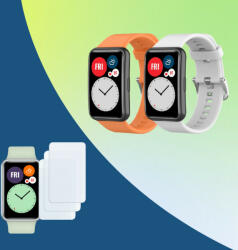 Pachet Set 2 curele pentru Huawei Watch Fit 1, portocaliu, alb + Set 3 folii de protectie ecran pentru Huawei Watch Fit 1 / Honor Watch ES (PACK011)