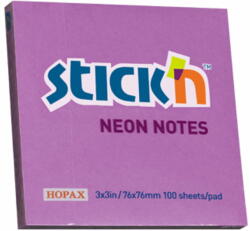 STICK'N Notes autoadeziv 76x76 mm, 100 file, STICK'N Neon - Mov (HO-21210)