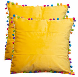 Hiko Set doua perne decorative cu fata detasabila, catifea galbena COMFY Fantasy cu pom pom colorati 2x40x40cm (10005546)